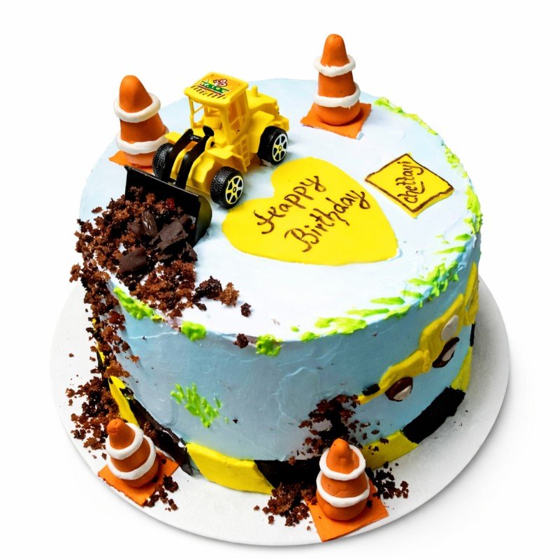Construction-themed cake with bulldozer